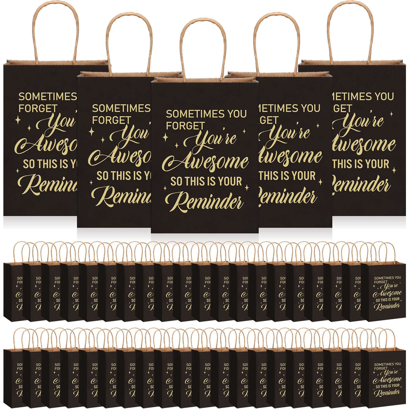 Geyoga 100 Pcs Black Thank You Gift Bags Bulk - 8.3 x 3.2 x 5.9 in Employee Appreciation Paper Bags with Handles - Perfect for Volunteer, Teacher, Colleague, Nurse, Birthday Party & Corporate Events