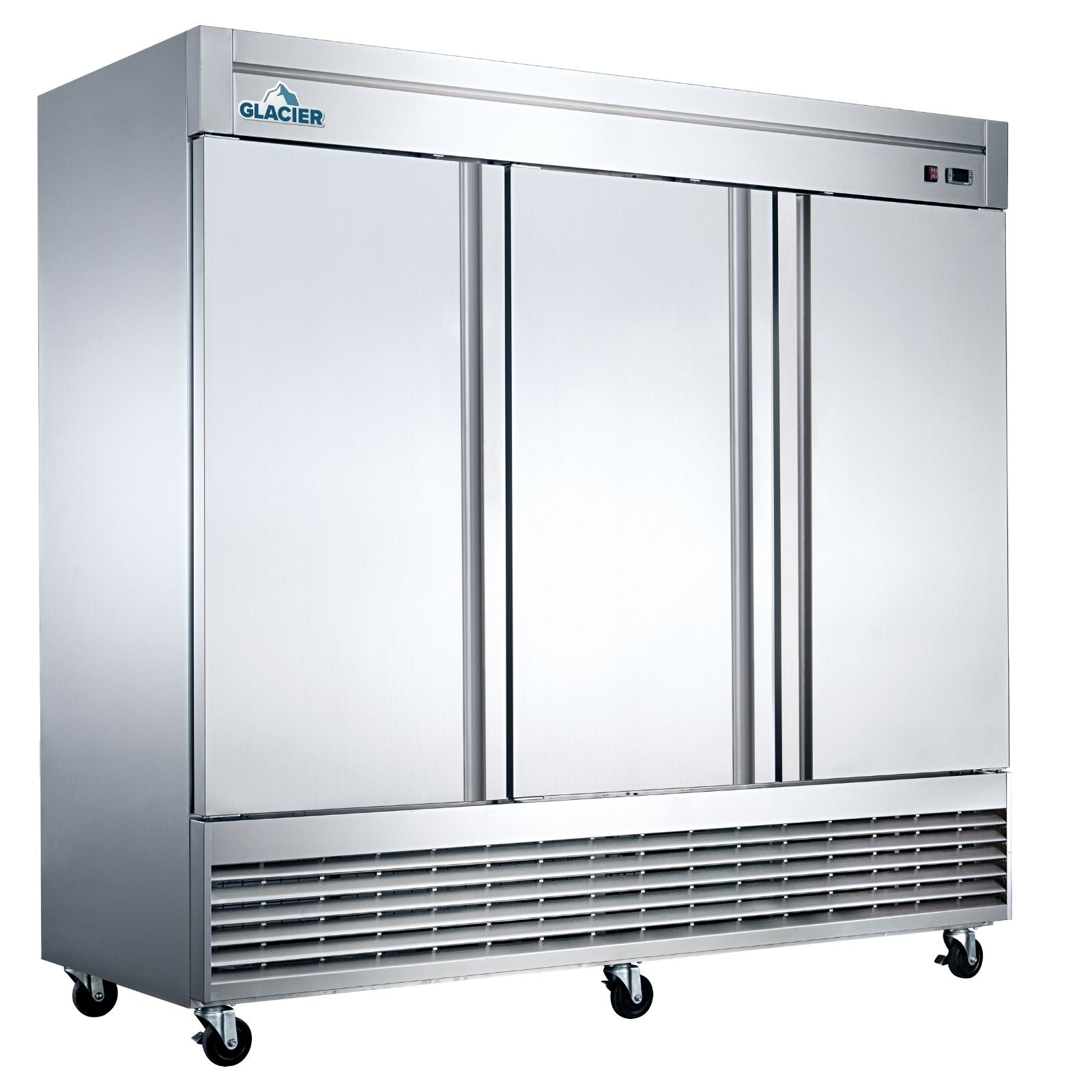 Glacier 82 Solid Three Door Reach-In Commercial Freezer - Ideal for Restaurants, Grocery Stores & Catering Businesses