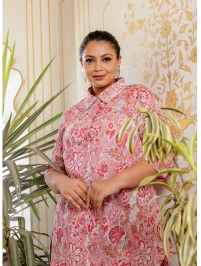 Stylish Pink Cotton Kurti & Trouser Set for Women - 2 Piece Outfit for Casual Wear, Office & Festive Occasions