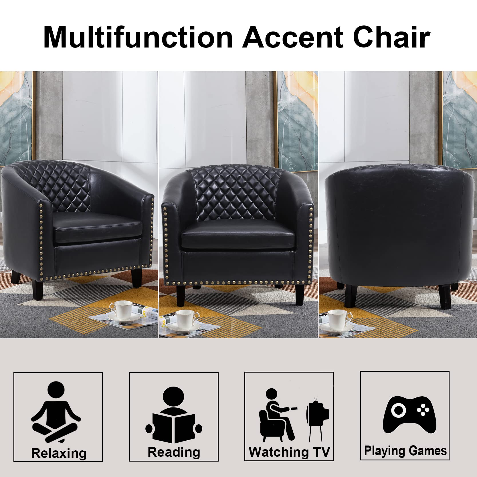 Henf Faux Leather Barrel Accent Chair - Mid Century Modern Armchair with Decorative Nailheads & Solid Wood Legs - Upholstered Living Room Club Chair for Reading, Lounging & Home Office - Perfect for Small Spaces & Apartment Decor