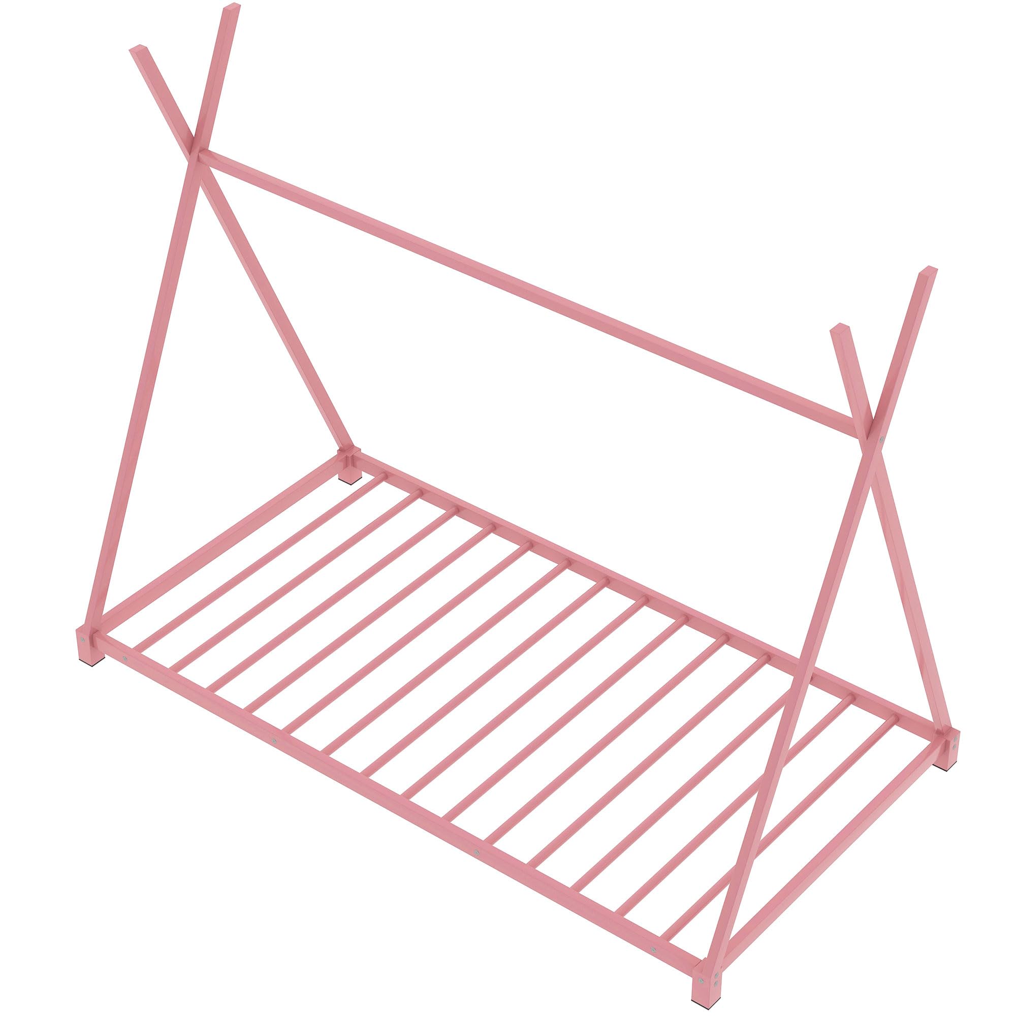 Montessori Twin Floor Bed Frame with Slats & Triangle Structure - Sturdy House Bed for Kids, Boys & Girls - Pink Wooden Toddler Bed for Playroom, Nursery or Kids Bedroom