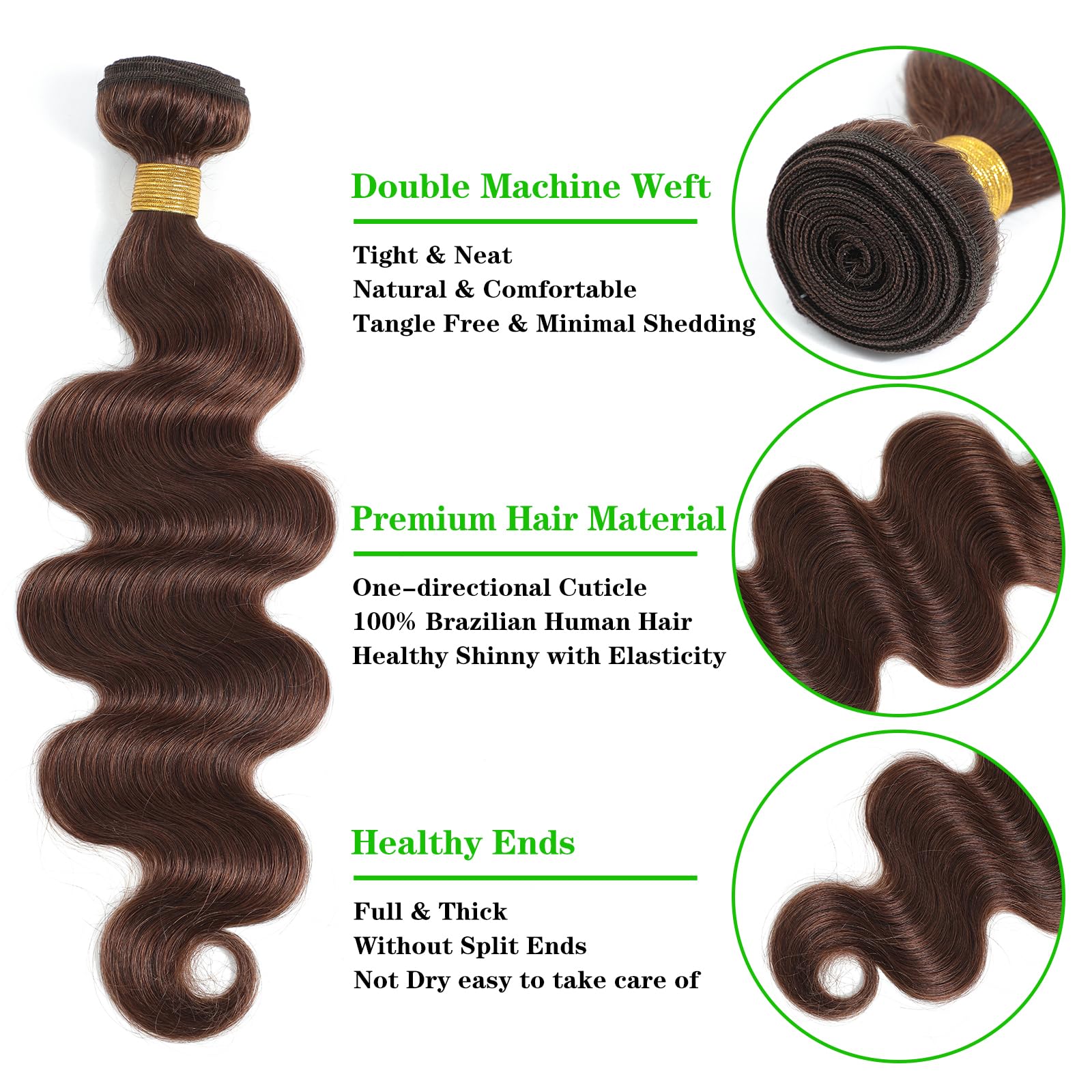 **Kapelli 10A Brazilian Virgin Human Hair Bundles - Light Brown Body Wave (#4, 16