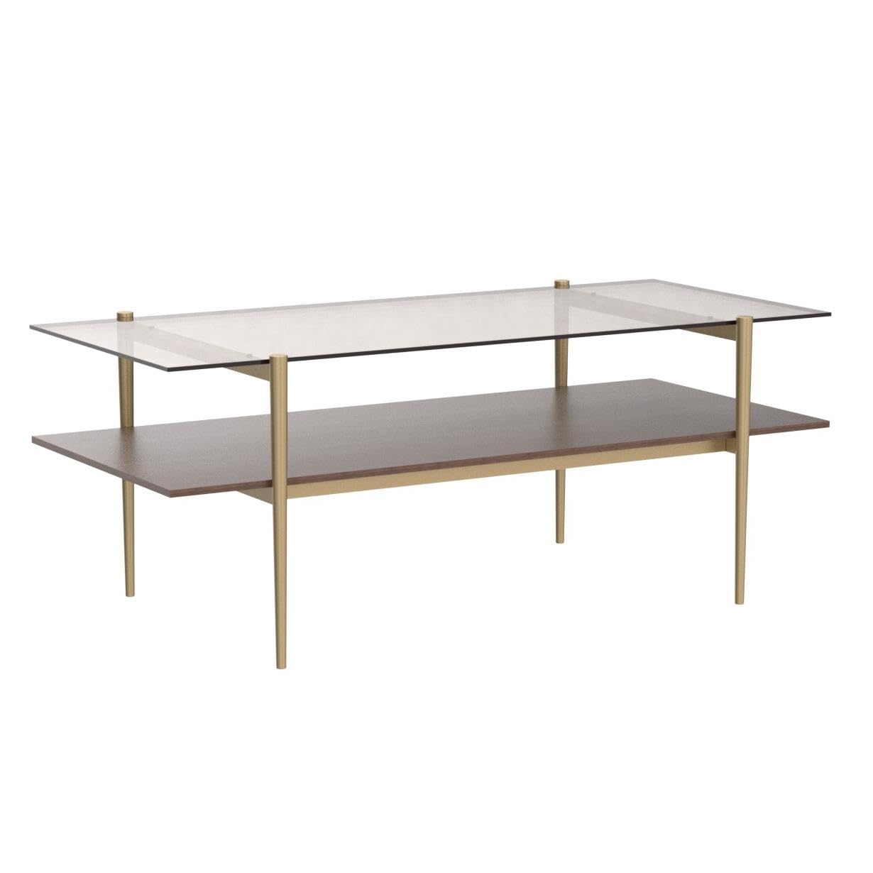 AGV LIGHTING Modern Double Layer Coffee Table with Gold Frame, Coffee Brown Glass & Walnut Wood Top - Stylish Living Room Center Table for Small Spaces, Apartments and Lounge Areas