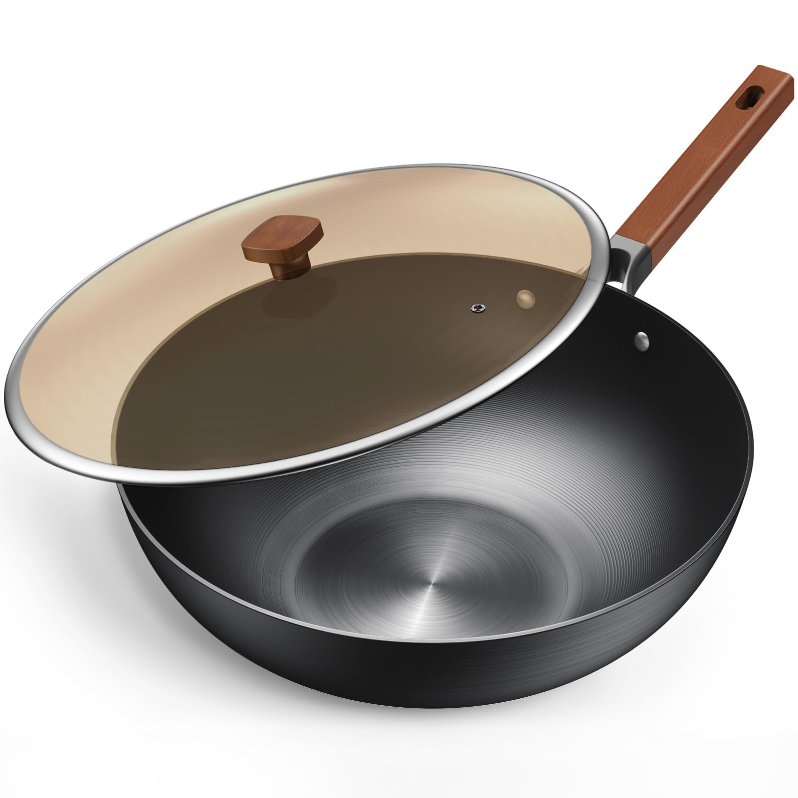 Jobin 12.6 Inch 5.2L Pre-Seasoned Carbon Steel Wok Pan with Lid - Non-Toxic, Chemical-Free Stir Fry Pan for Asian Cooking - Large Capacity for 4-6 People - Works on Induction, Gas & Electric Stoves - Perfect for Stir-Frying, Deep Frying & Cooking Family Meals