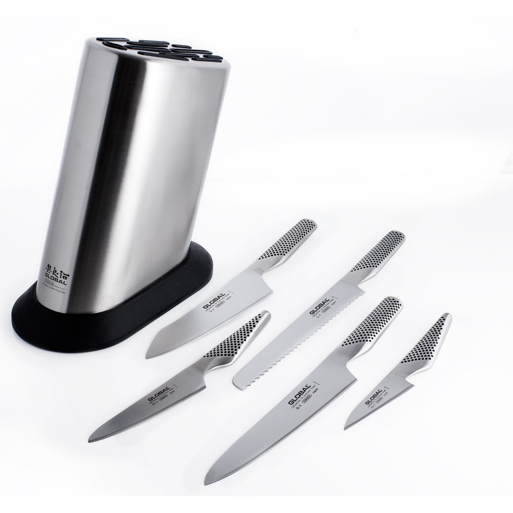Premium 6-Piece Knife Block Set - Global G-835/WS Stainless Steel Kitchen Knives with Wood Stand - Perfect for Home Chefs, Cooking Enthusiasts & Professional Kitchens