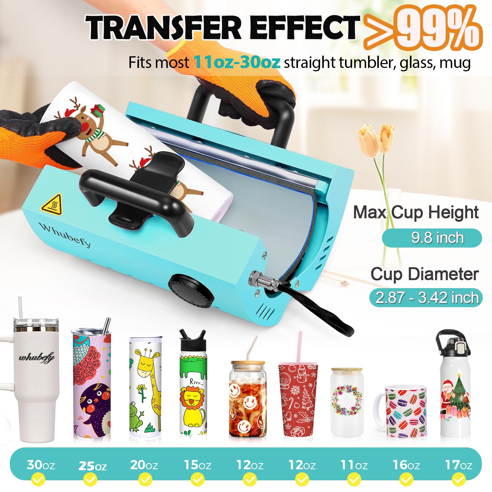11-30 oz Tumbler Heat Press Machine for Sublimation - DIY Mug Press for 11oz, 16oz, 20oz Skinny Tumblers & Coffee Cups (2.87-3.42in) - Works on Glass, Ceramic, Aluminum Mugs - Includes 20 Heat Transfer Papers, Tape & Gloves - Perfect for Custom Drinkware, Personalized Gifts & Small Business Projects