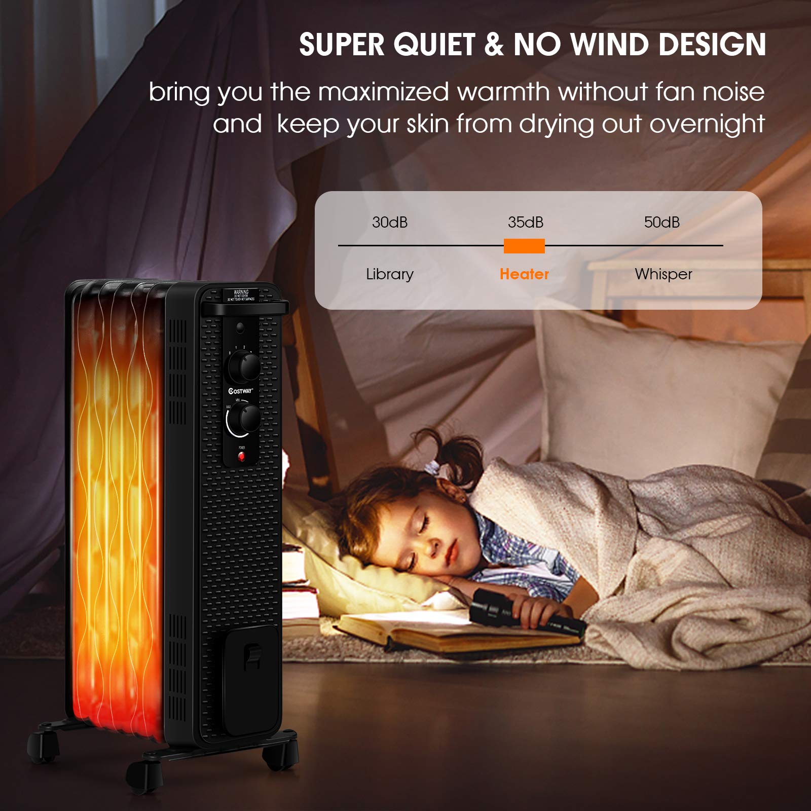 COSTWAY 1500W Oil Filled Radiator Heater - Portable Electric Space Heater with 3 Heat Modes, Adjustable Thermostat, Tip-Over & Overheat Protection - Energy Efficient Indoor Heater for Home, Office, Bedroom & Living Room - Perfect for Winter Heating & Home Office Warmth