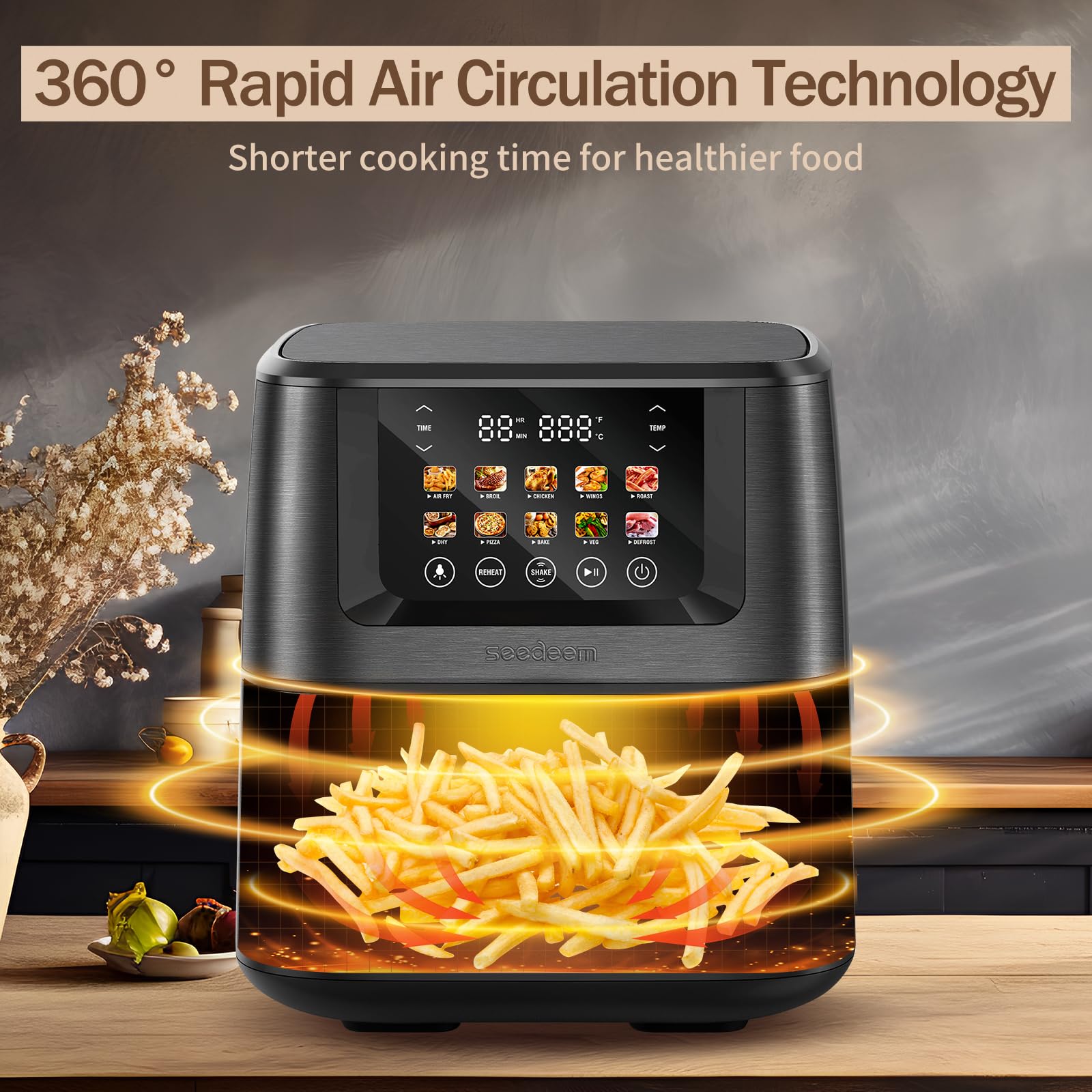 SEEDEEM Max XL 8-Quart Air Fryer Oven - 10-in-1 Countertop Convection Toaster Oven with LCD Touchscreen, Clear View Window - Bake, Roast, Broil, Dehydrate - Perfect for Family Dinners, Meal Prep & Healthy Cooking (Black)
