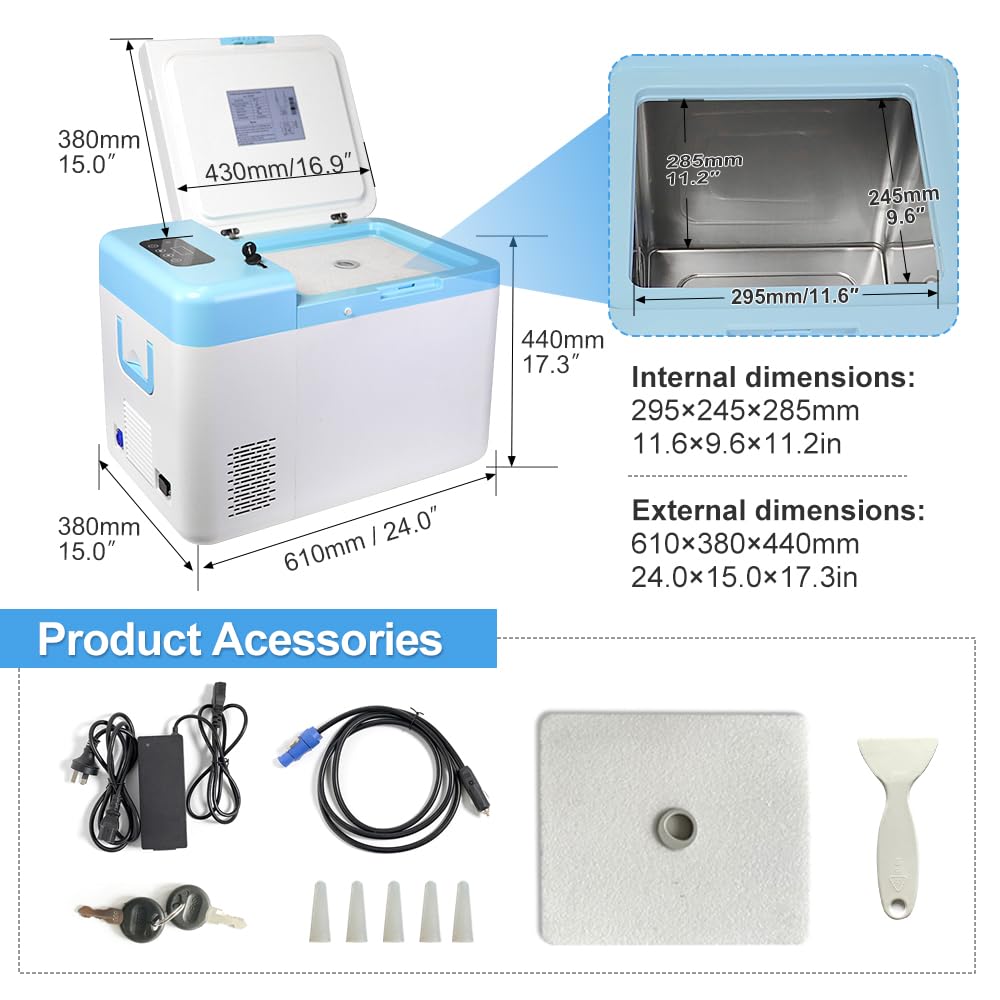Portable Ultra-Low Temperature Freezer (-86°C to 18°C/-122.8°F to 64.4°F) for Lab Sample Storage | 12V-240V Compatible Cryogenic Freezer with 38LB Capacity | Ideal for Laboratory, Medical, and Research Sample Preservation
