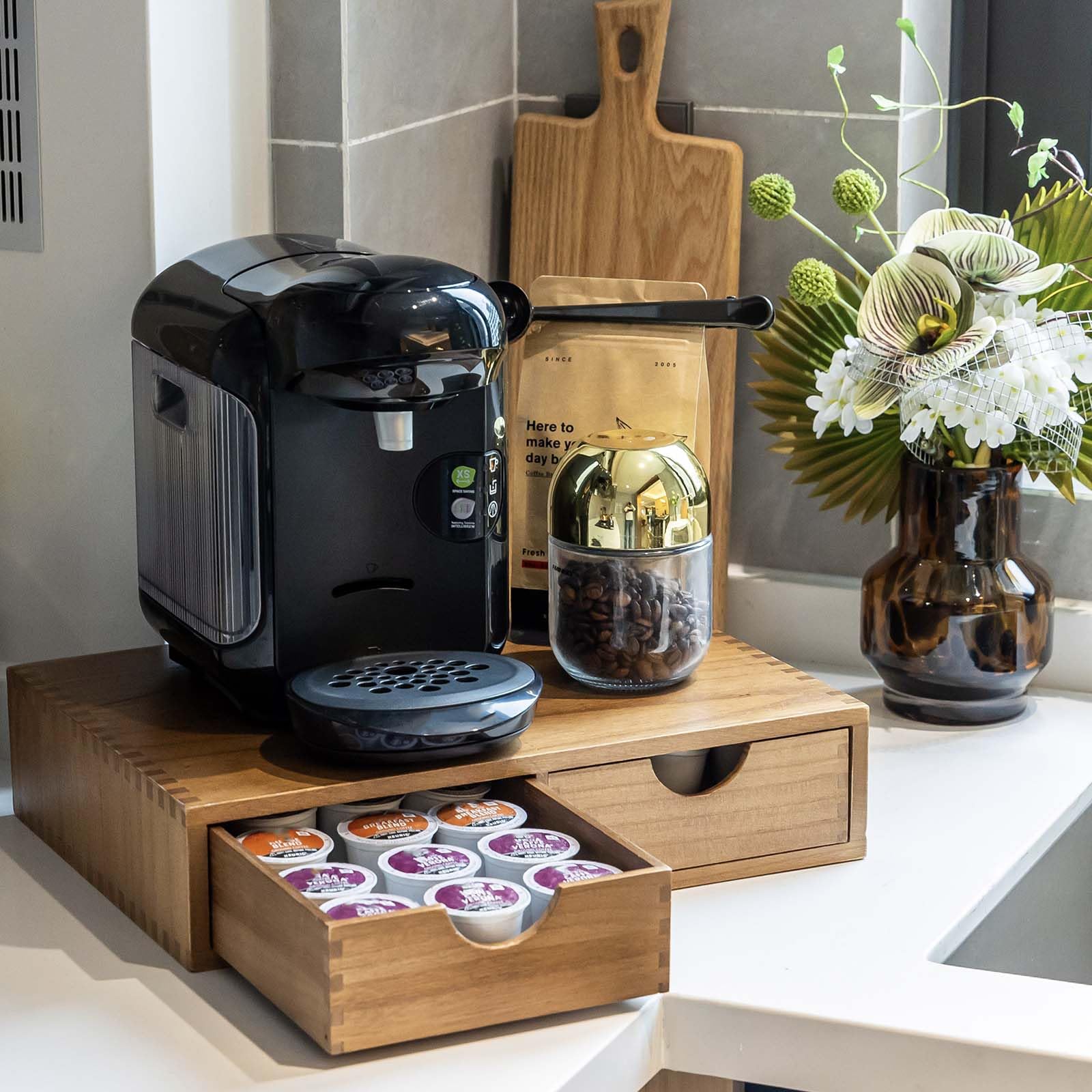 Wooden K Cup Organizer - 30 Pod Capacity Coffee Pod Storage Box & Tea Organizer Drawer for Keurig Brewer - Perfect for Kitchen Countertop, Office Breakroom, and Coffee Station Organization