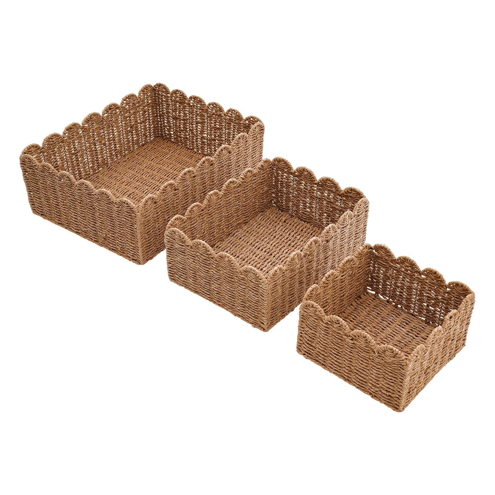 3-Piece Woven Rattan Storage Baskets Set with Lids - Scalloped Edge Home Decor Organizer (4.33/5.12/6.1 Inch Height) - Perfect for Bathroom, Bedroom & Nursery Storage