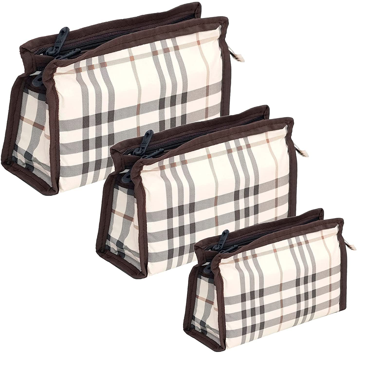 Flywind Synthetic Travel Makeup Organizer Bag - Extra Large Cosmetic Case with 3 Pouch Set (Brown & White) | Perfect for Travel, Home Storage & Grooming Essentials Organization