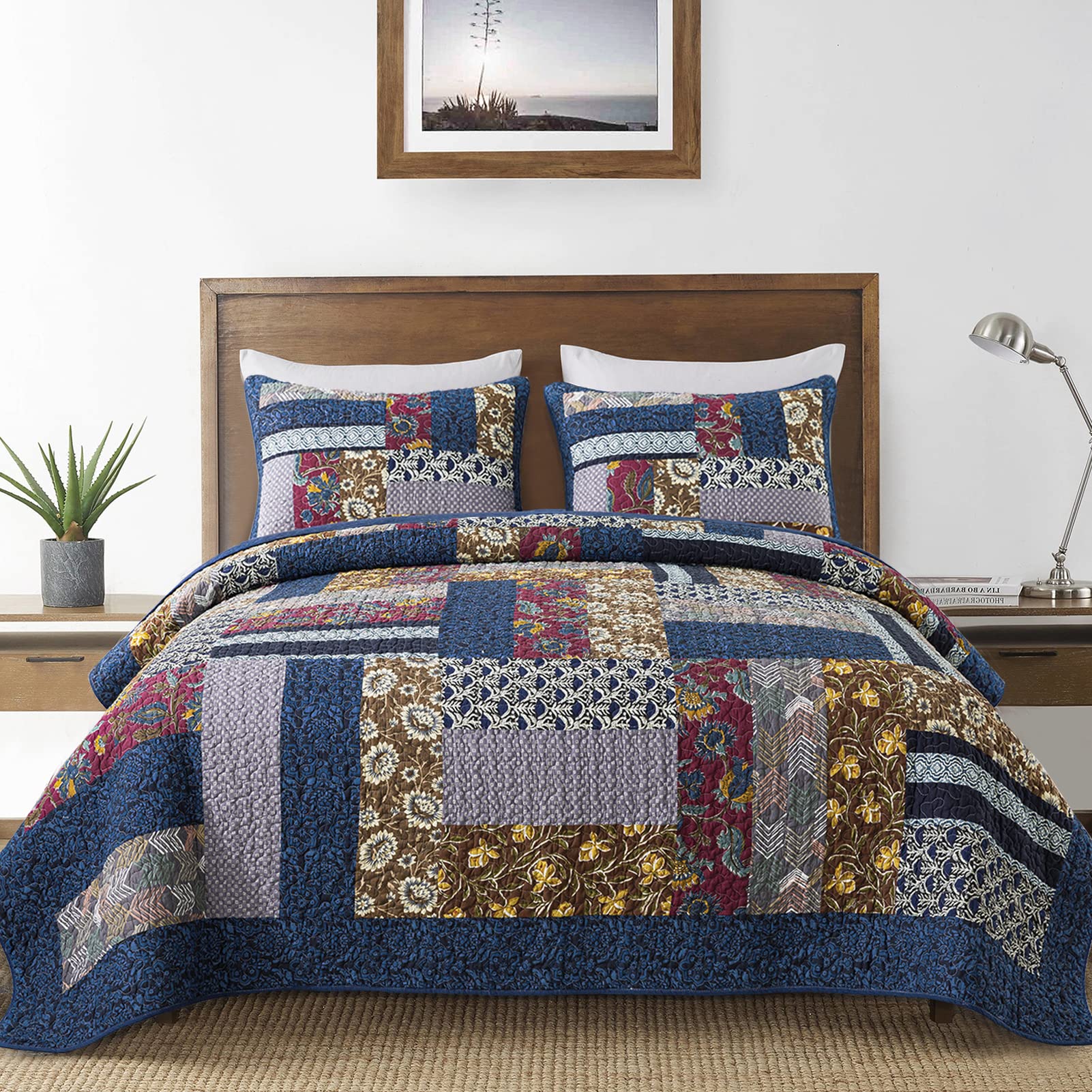 VAPUTAR 100% Cotton Queen Size Quilt Set - Farmhouse Style Handmade Patchwork Bedspread | 3-Piece Bohemian Bedding Collection for Cozy Bedroom Decor | Perfect for Guest Rooms, Master Bedrooms & Rustic Home Styling