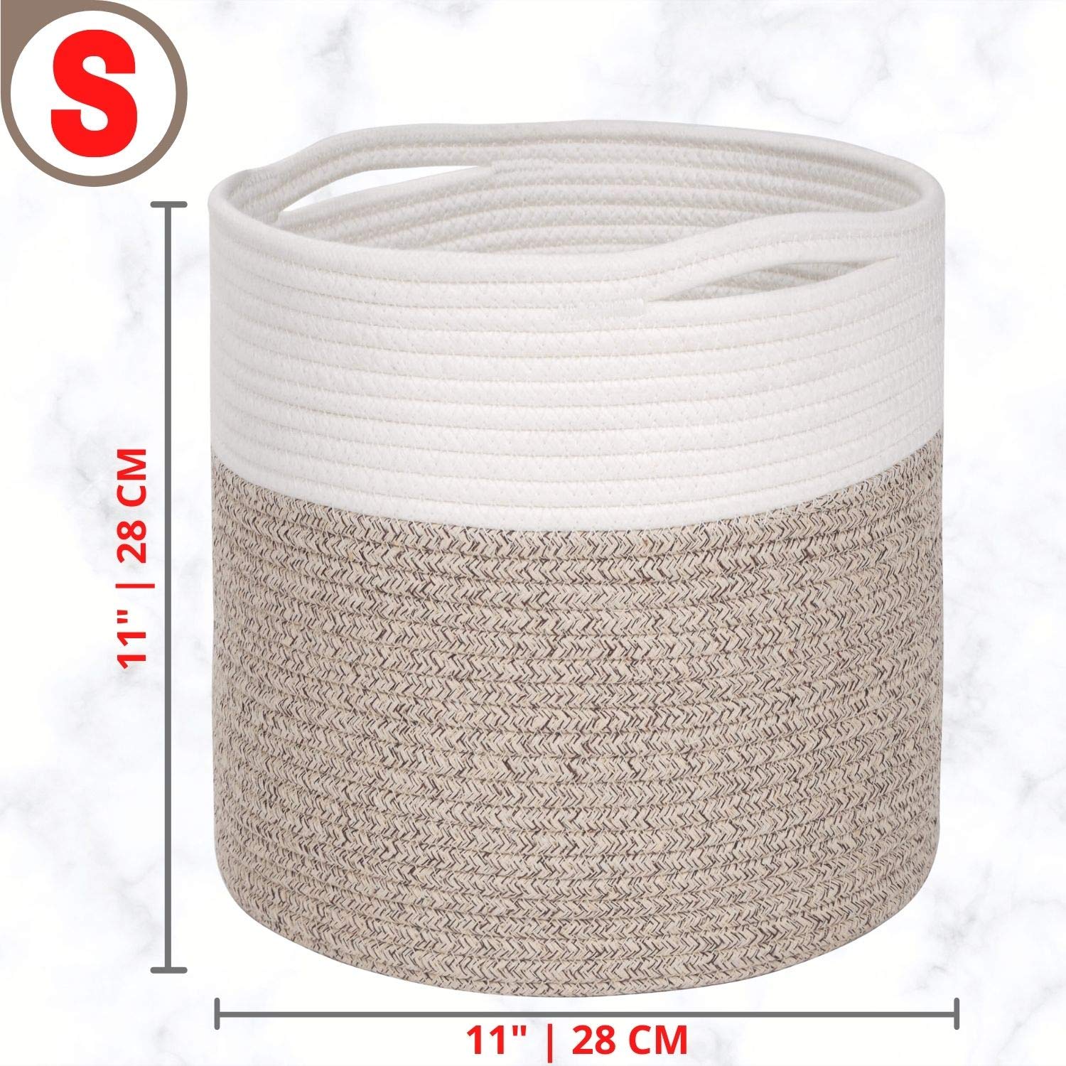MINTWOOD 11x11 Inch Cotton Rope Basket - Decorative Round Woven Planter Cover for Indoor Plants, Flower Pots & Small Dog Toy Storage - Light Brown Home Decor for Living Room, Bedroom & Patio