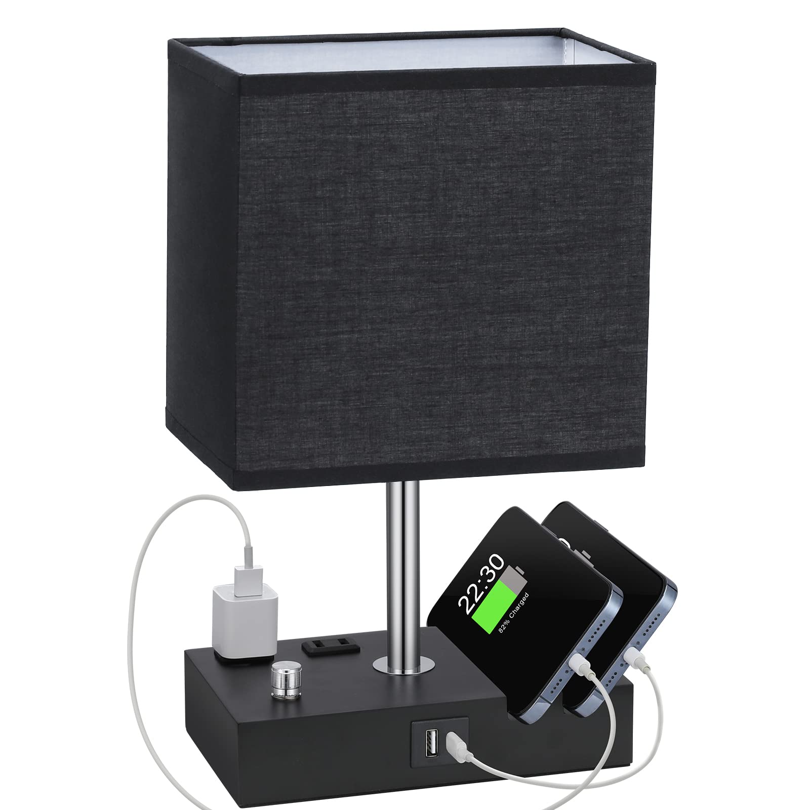 Dimmable Black Table Lamp with Dual USB Ports & Phone Stand - LED Bedside Lamp for Bedroom, Nightstand & Living Room - Includes Charging Outlets & LED Bulb - Perfect for Reading, Working & Phone Charging