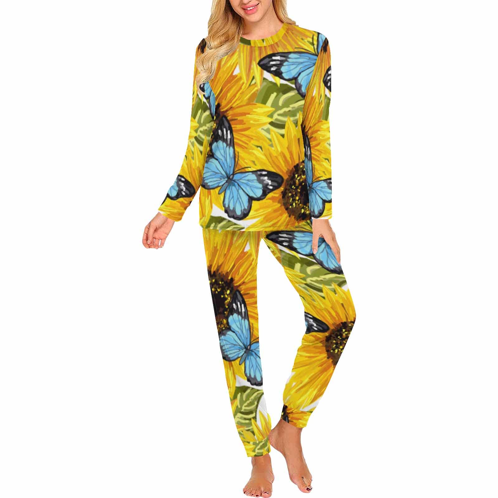 InterestPrint Women's Wild Sunflower Print Long Sleeve Loungewear Set - Soft Sleepwear Pajama Set for Women - Cozy Homewear for Relaxing, Sleeping & Lounging