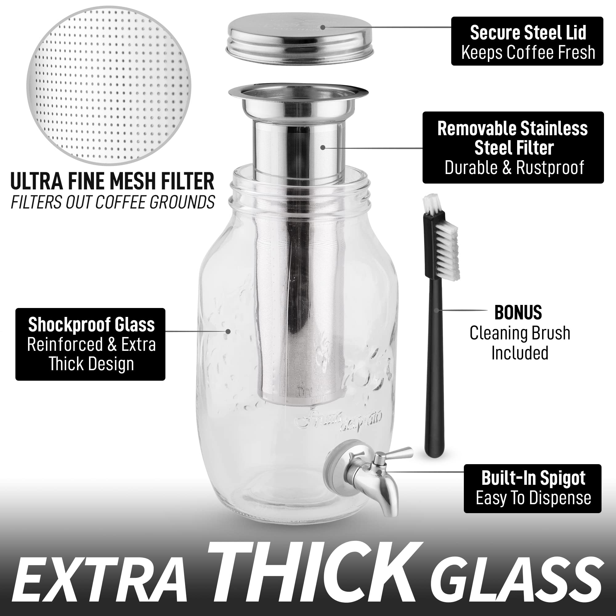Premium Zulay Kitchen 1.5L Cold Brew Coffee Maker with Extra-Thick Glass Carafe & Stainless Steel Filter - Iced Coffee Maker, Cold Brew Pitcher & Tea Infuser for Home, Office & Outdoor Use