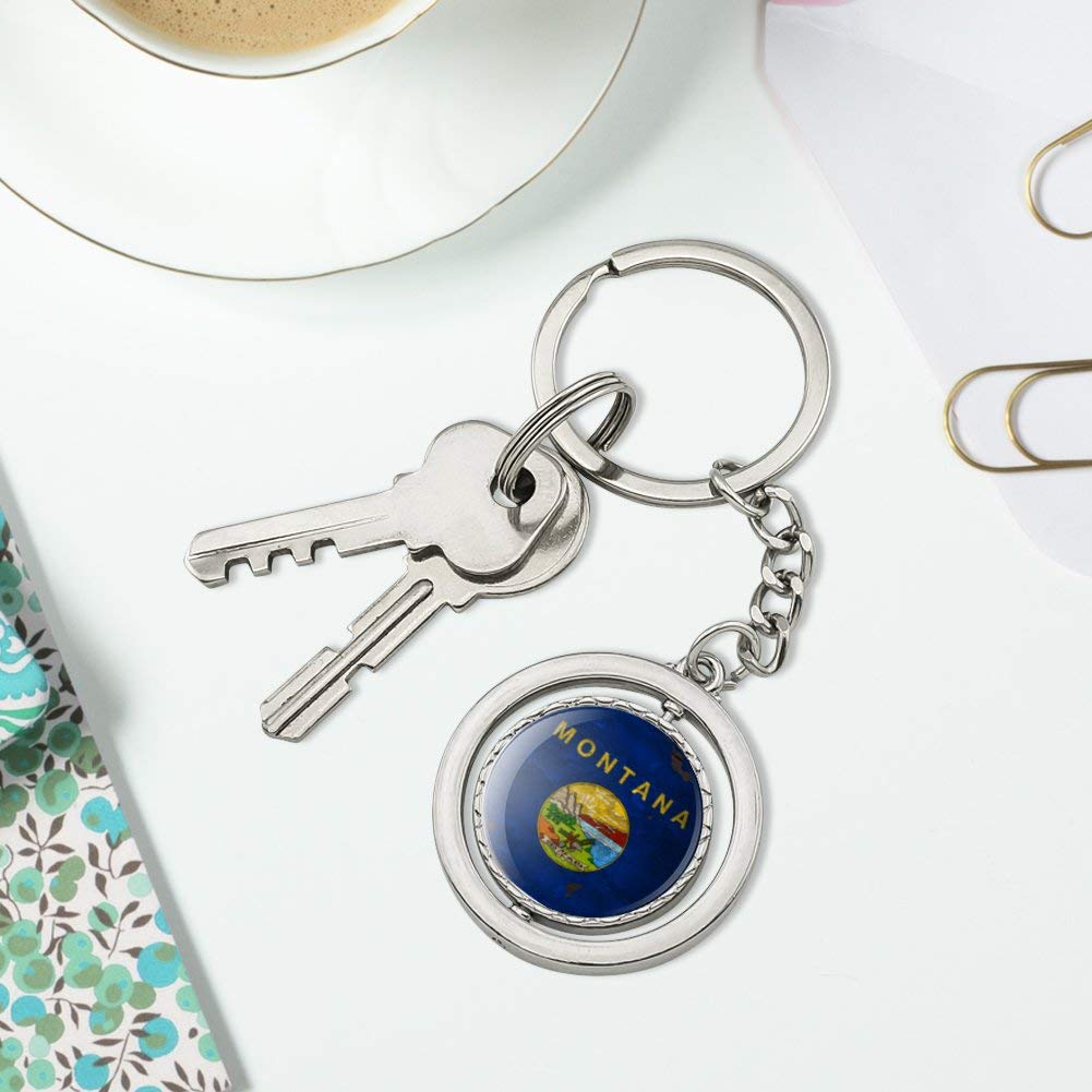 Vintage Rustic Montana State Flag Keychain - Distressed USA Design, Spinning Round Chrome Plated Metal - Perfect for Travel, Gifts & Key Organization