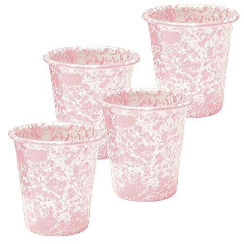 Pink Marble Enamelware Tumbler Set of 4 - 10 oz Small Camping Coffee Cups for Outdoor Picnics, Travel & Home Use