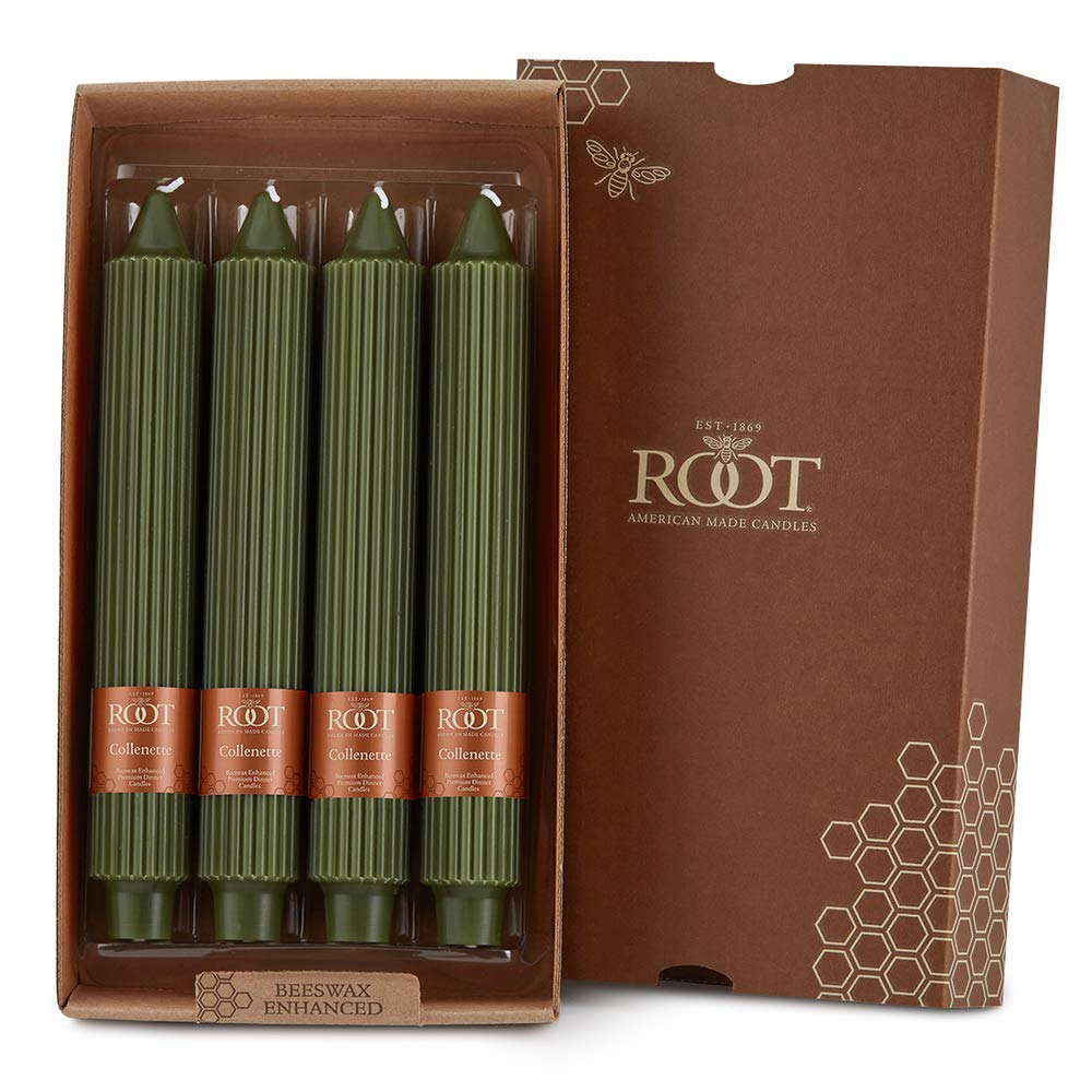 Unscented Grecian Style Dinner Candles - 9 Inch Tall Root Candles - Set of 4 Dark Olive Colored Pillar Candles - Perfect for Romantic Dinners, Wedding Decor, and Home Ambiance Lighting