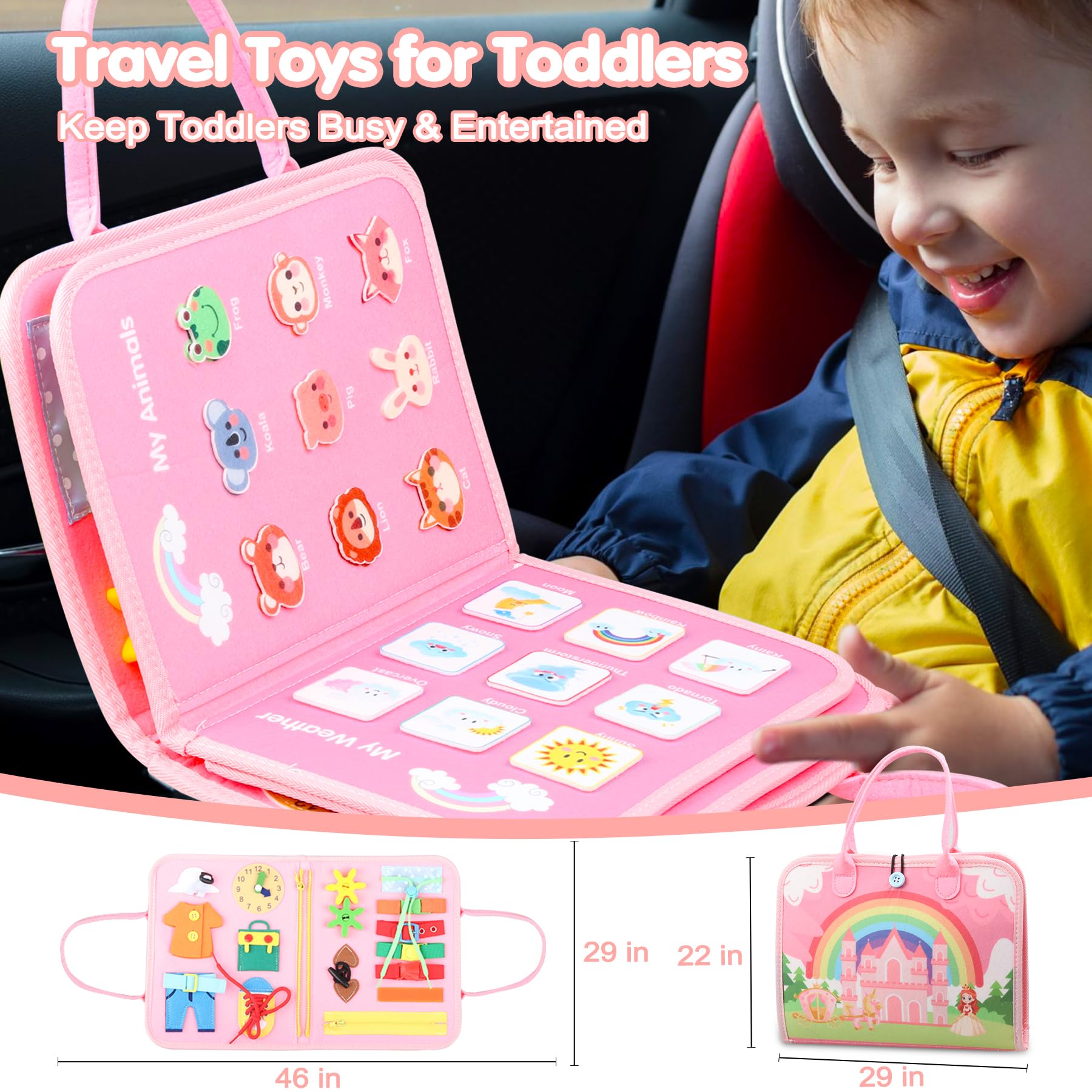 Montessori Busy Board for Toddlers 1-4 Years Old - Educational Sensory Toys for Fine Motor Skills Development - Perfect Travel Activity Toy for Airplane & Car Rides - Ideal Birthday Gift for Girls & Boys Ages 2-4 - Learning Busy Book for Preschool Kids