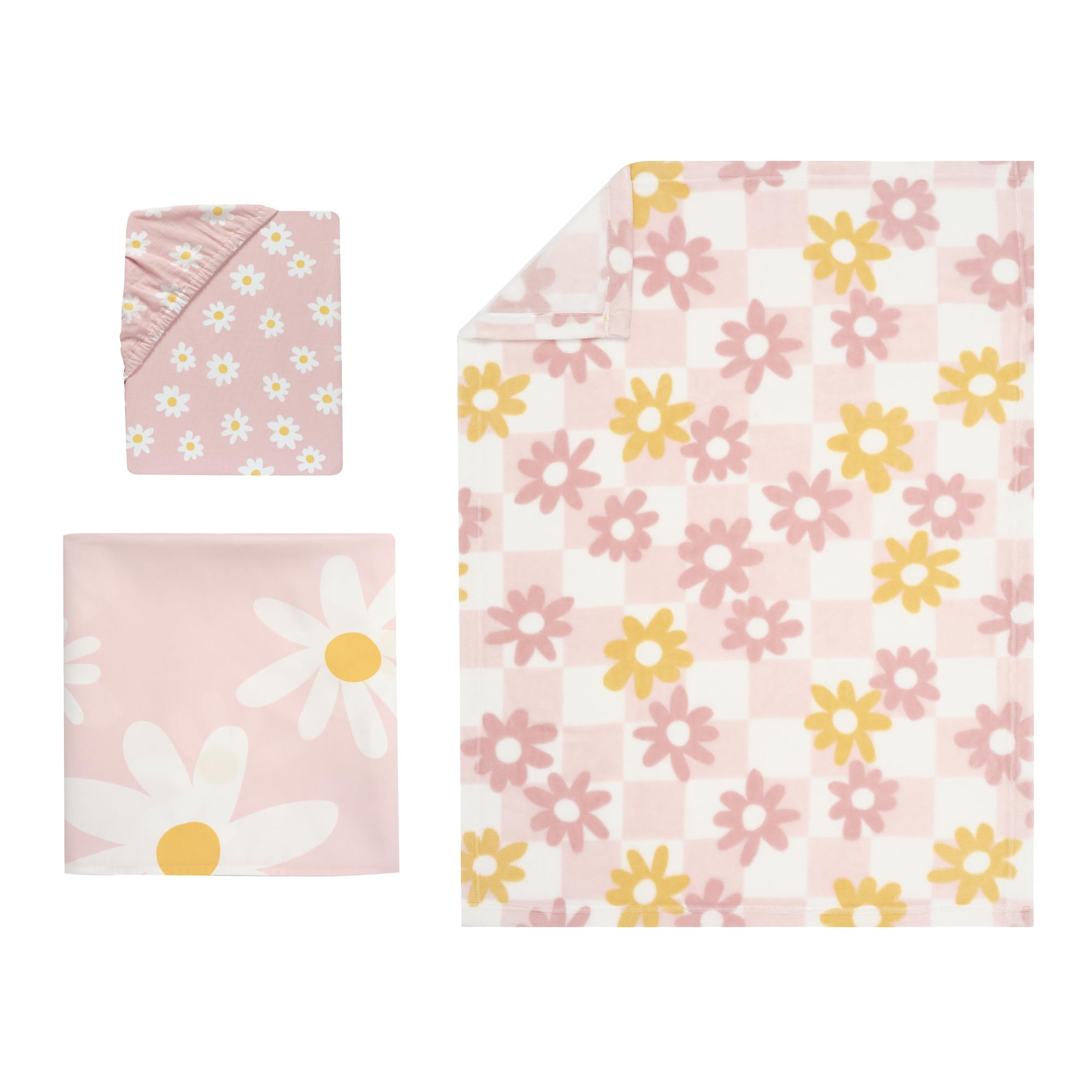 Lambs & Ivy Daisy Dreams 3-Piece Crib Bedding Set - Pink & White Modern Floral Nursery Decor | Perfect for Baby Girls' Room & Garden-Themed Nursery