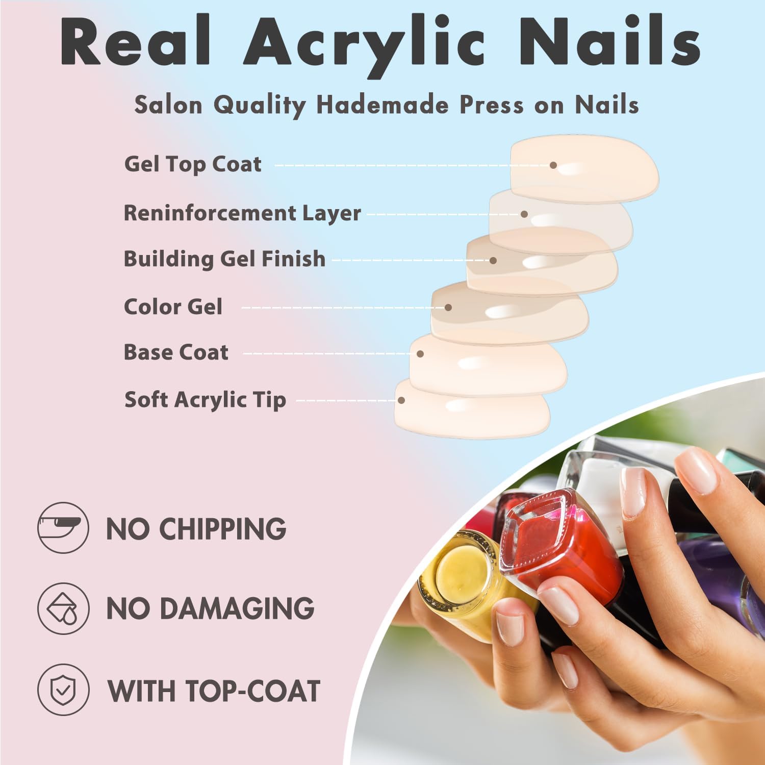 SXVME Press on Nails - Medium Square & Coffin Shape Natural Acrylic Fake Nails, 24pcs Reusable Glue-on Nails Set with Strong Adhesive, Short to Medium Length Solid Color Gel Nails for Women - Perfect for Parties, Weddings, Date Nights and Everyday Wear