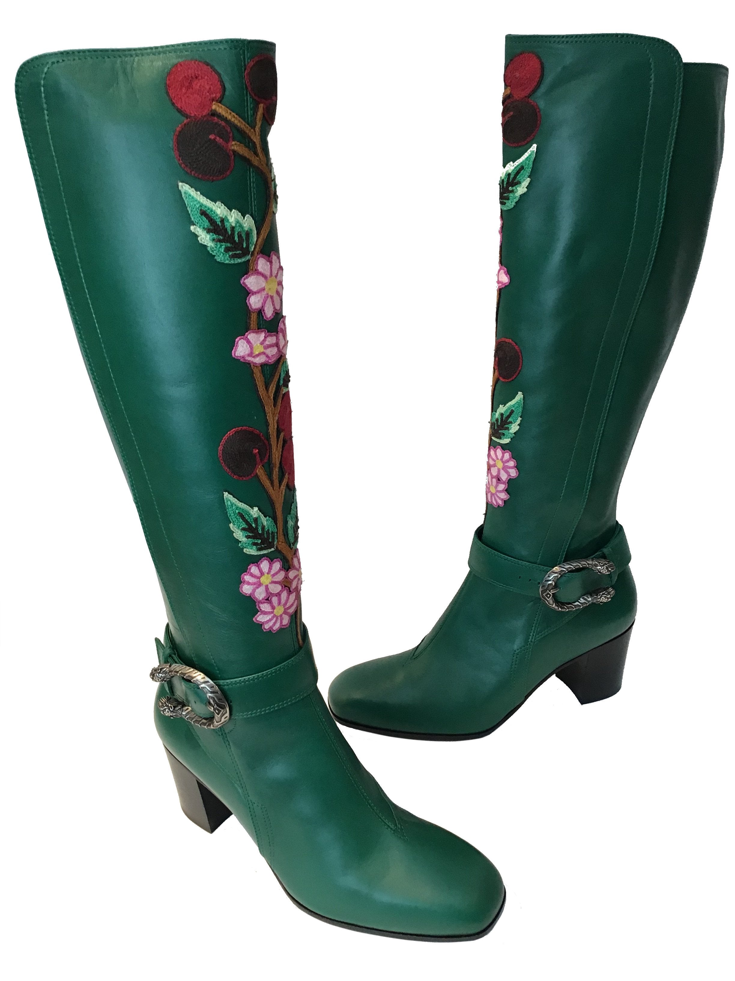 Gucci Dionysus Embroidered Knee Boots Women's Size 7.5 - Luxury Leather Ankle Boots with GG Supreme Canvas for Party & Evening Wear