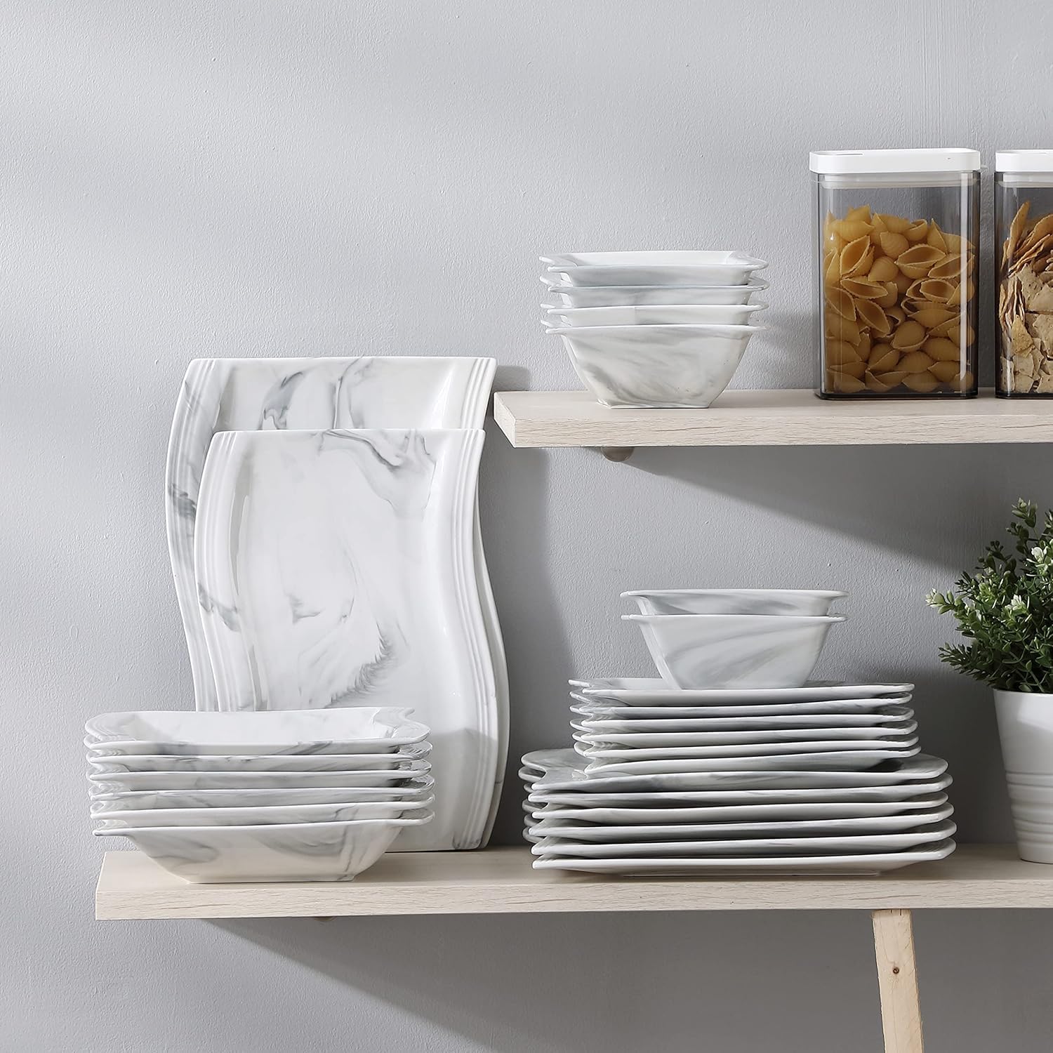 MALACASA 26-Piece Porcelain Dinnerware Set for 6 People - Square Plates, Bowls & Serving Dishes - Elegant Marble-Look Tableware (Flora Series) - Perfect for Family Dinners, Dinner Parties & Holiday Entertaining