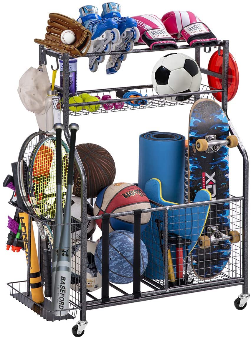 Garage Sports Equipment Storage Organizer with Baskets & Hooks - Heavy Duty Ball Holder for Basketball, Baseball, Football & Tennis Gear - Easy Assembly Wall Mount Rack - Perfect for Garage, Basement & Playroom Organization
