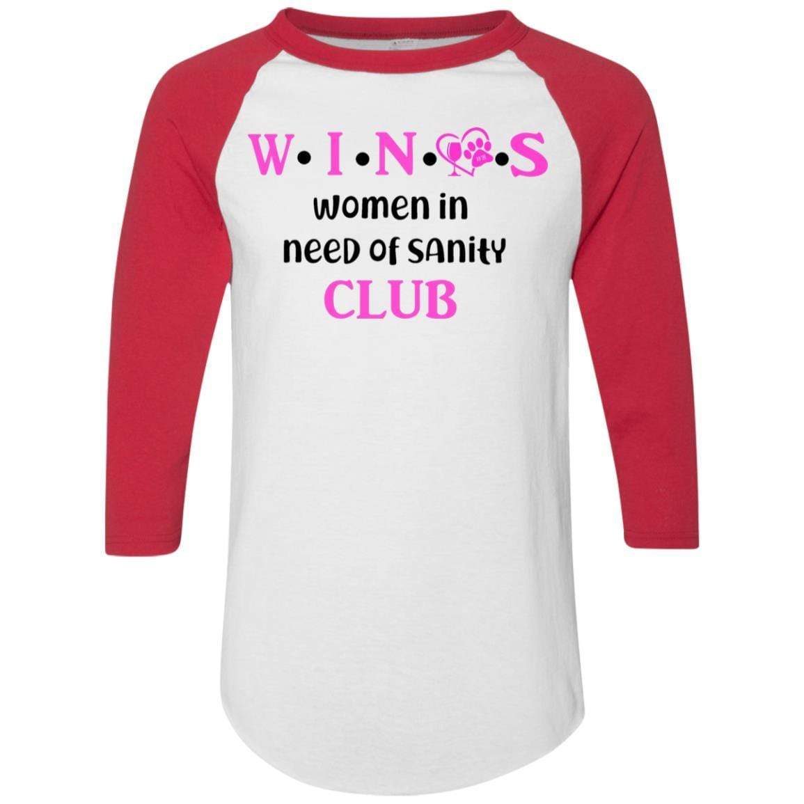 WineyBitches.Co WINOS Club Colorblock Raglan Jersey - Pink Lettering Women's Baseball Tee | Soft Cotton Blend Long Sleeve Shirt for Wine Lovers | Perfect for Wine Tasting Parties & Girls Night Out