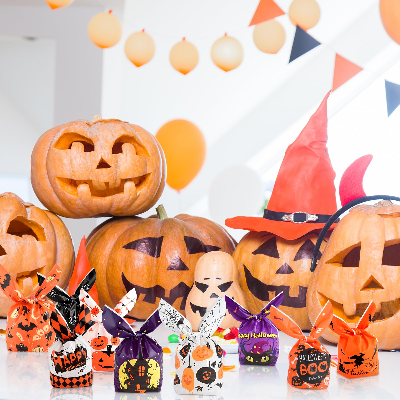 100 Pcs Halloween Candy Bags with Rabbit Ears - Pastry, Cake & Cookie Packaging - Multicolor Party Favors for Halloween Celebrations, Trick or Treat & Gift Giving