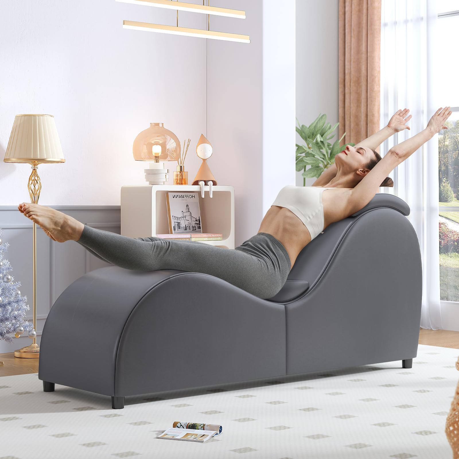 BALUS 60'' Yoga Chaise Lounge Chair for Adults - Faux Leather & Wooden Adjustable Headrest Sofa - Perfect for Stretching, Exercise & Relaxation - Ideal for Living Room, Apartment, Office & Yoga Studio - Dark Grey