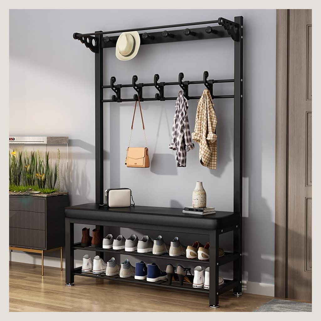YAWEDA 4-in-1 Hall Tree Coat Rack with Shoe Storage Bench - 16 Hooks Entryway Organizer, Industrial Metal Frame Shoe Bench for Entryway, Mudroom & Foyer - Easy Assembly Home Furniture