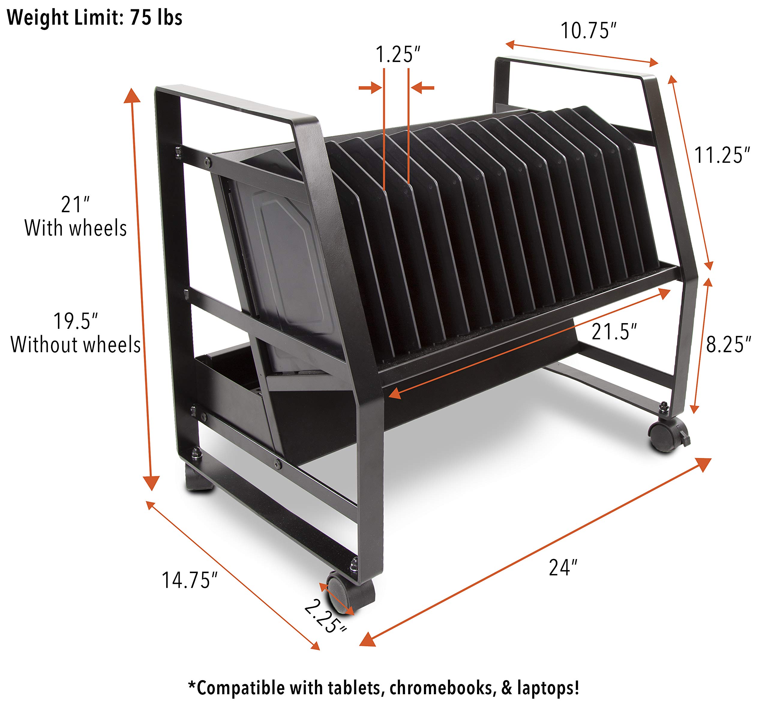 14 Device Open Charging Cart for Laptops, Tablets & Chromebooks | Mobile Laptop Station with Removable Wheels | UL-Listed Power Strip with Surge Protection | Perfect for Classrooms, Offices & Libraries