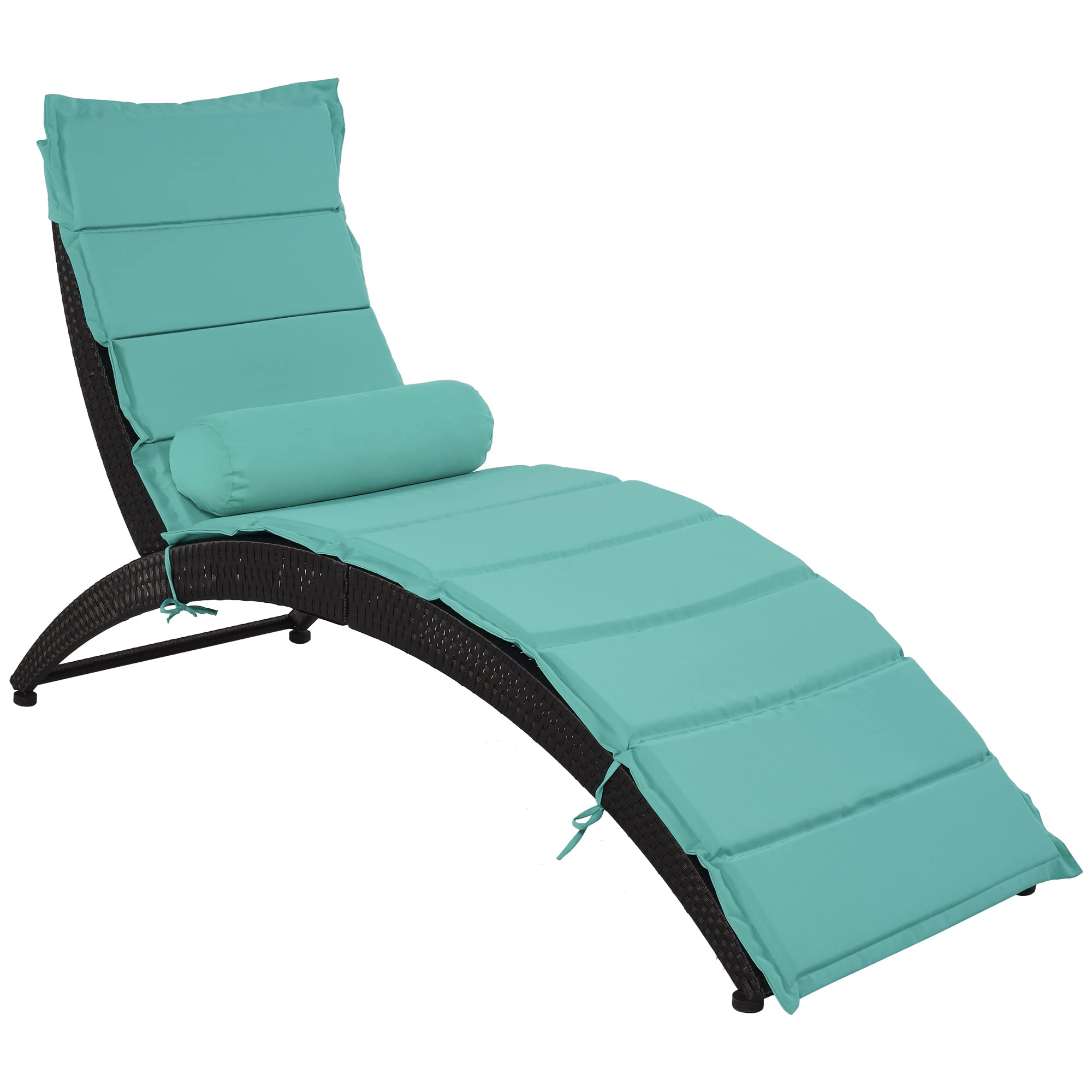 Foldable PE Rattan Sun Lounger Chair with Removable Cushion & Bolster Pillow - Outdoor Patio Furniture for Backyard, Garden, Poolside, or Balcony - Wicker Chaise Lounge in Black & Turquoise for Ultimate Relaxation