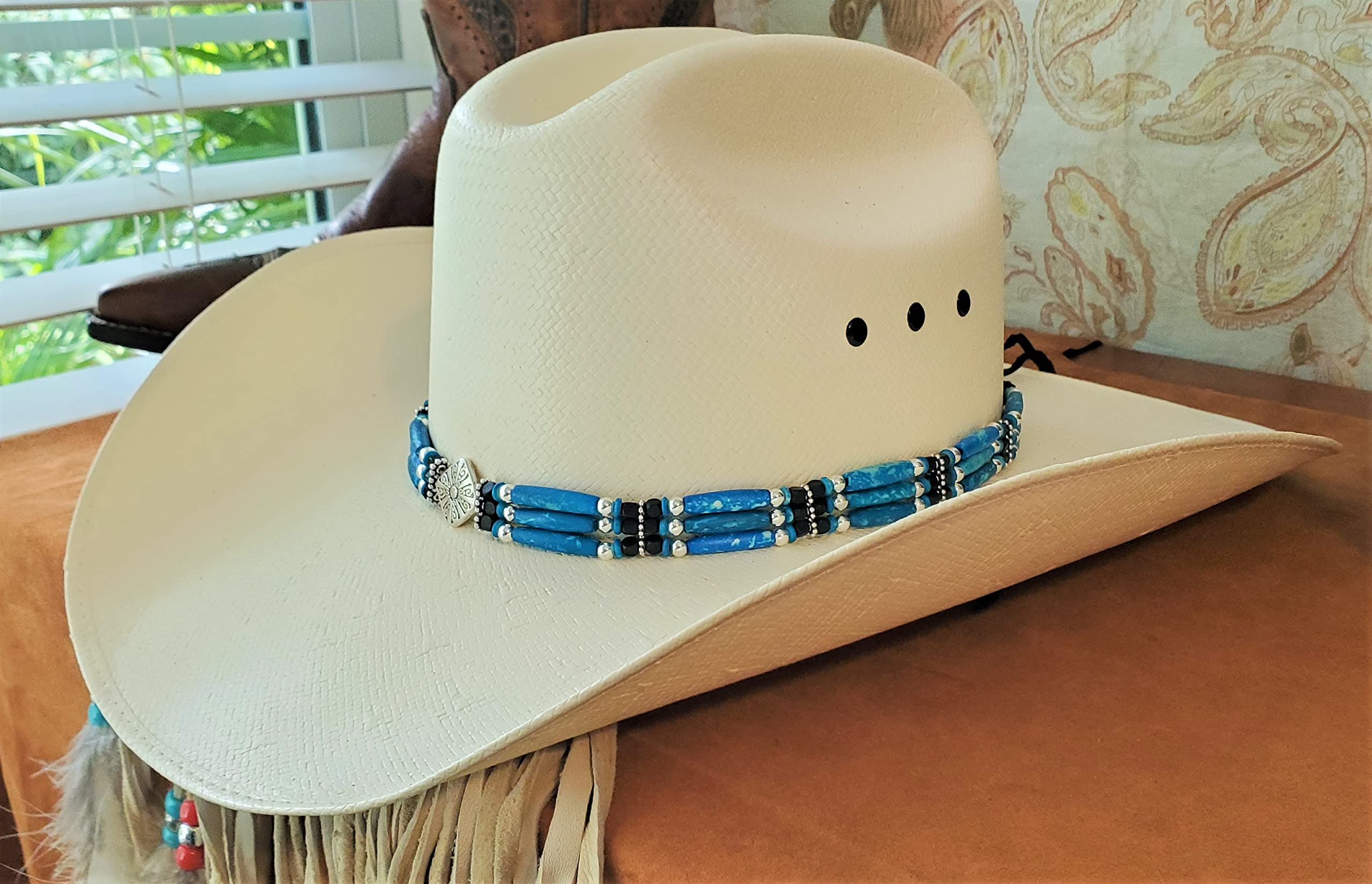Handmade Western Cowboy Hat Band with Turquoise Hairpipe Beads & Metal Diamond Centerpiece - Vintage Style Accessory for Rodeo, Country Music Festivals & Western Fashion