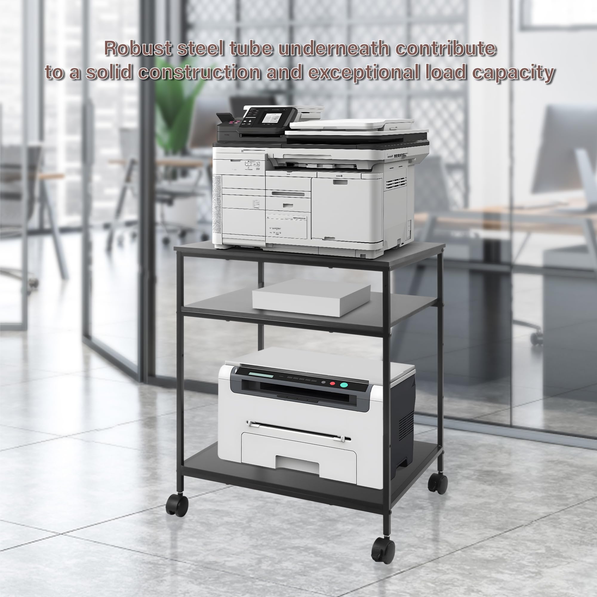 EMERIT Heavy Duty 3-Tier Adjustable Printer Stand Cart with Lockable Wheels - 23.6x18.9x31.5 Inches for Laser/Inkjet/All-in-One Printers, Scanners, Fax Machines & Office Supplies - Perfect for Home Office, Workspace & Industrial Use
