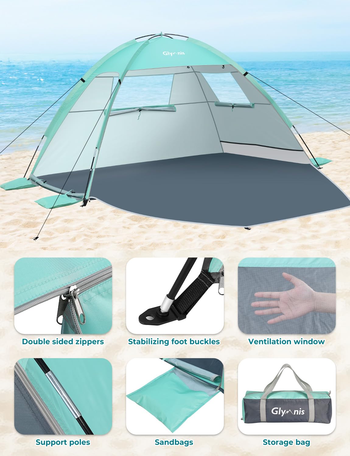 Glymnis 2-3 Person Beach Tent - UPF 50+ Sun Shelter with 2 Door Ventilation, Lightweight & Portable Sun Shade for Beach, Garden, Picnic - Easy Setup Fully Closed Canopy for Sun Protection, Outdoor Camping, and Family Vacations