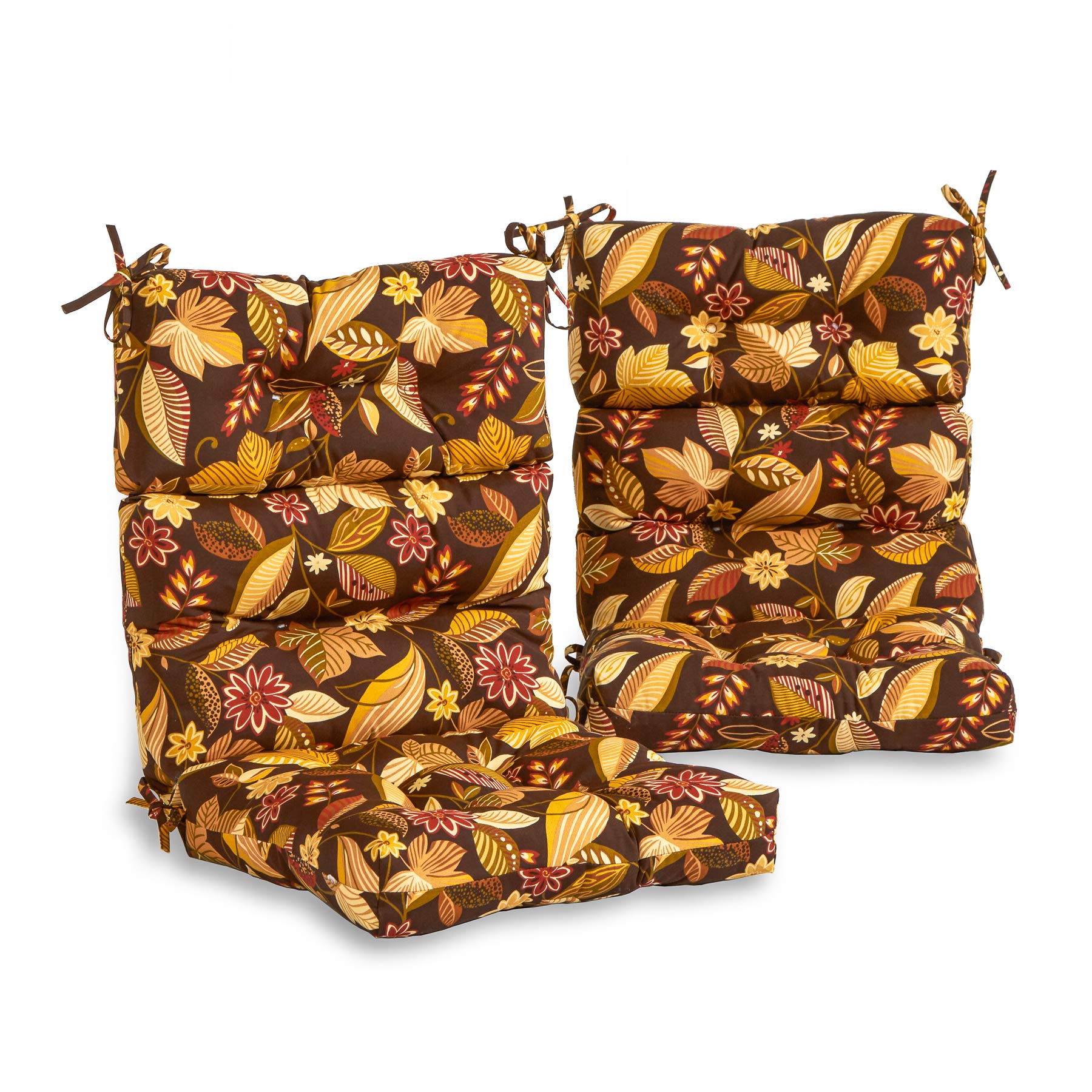 South Pine Porch Outdoor High-Back Chair Cushion Set of 2 - Timberland Floral Pattern Water-Resistant Cushions for Patio, Deck, and Garden Furniture