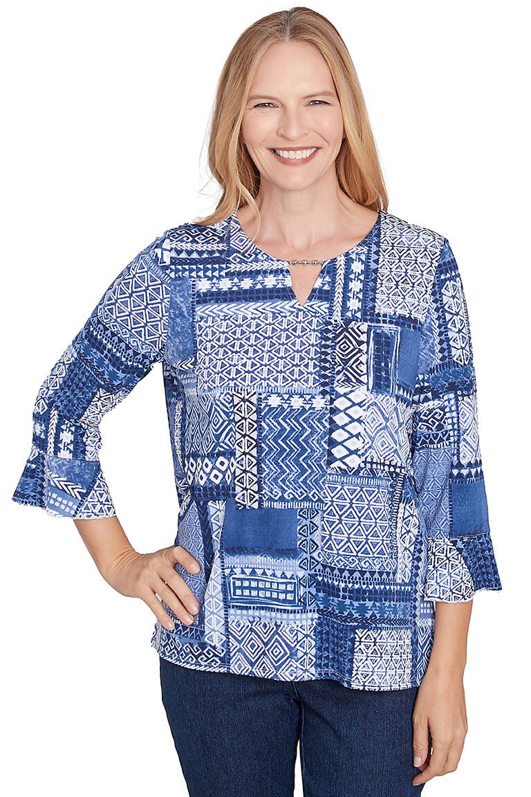 Stylish Petite Patchwork Puff Print Bell Sleeve Top for Women | Trendy Floral Blouse for Casual Wear & Date Night Outfits