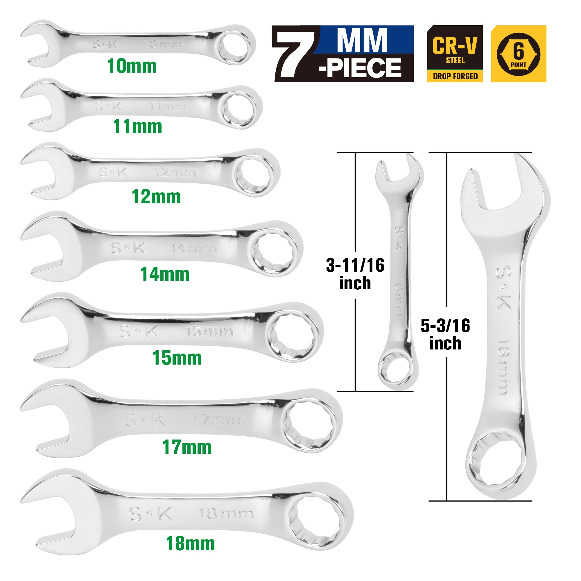 7-Piece 12-Point Metric Short Combination SuperKrome Wrench Set - Perfect for Automotive Repair, Machinery Maintenance & DIY Projects