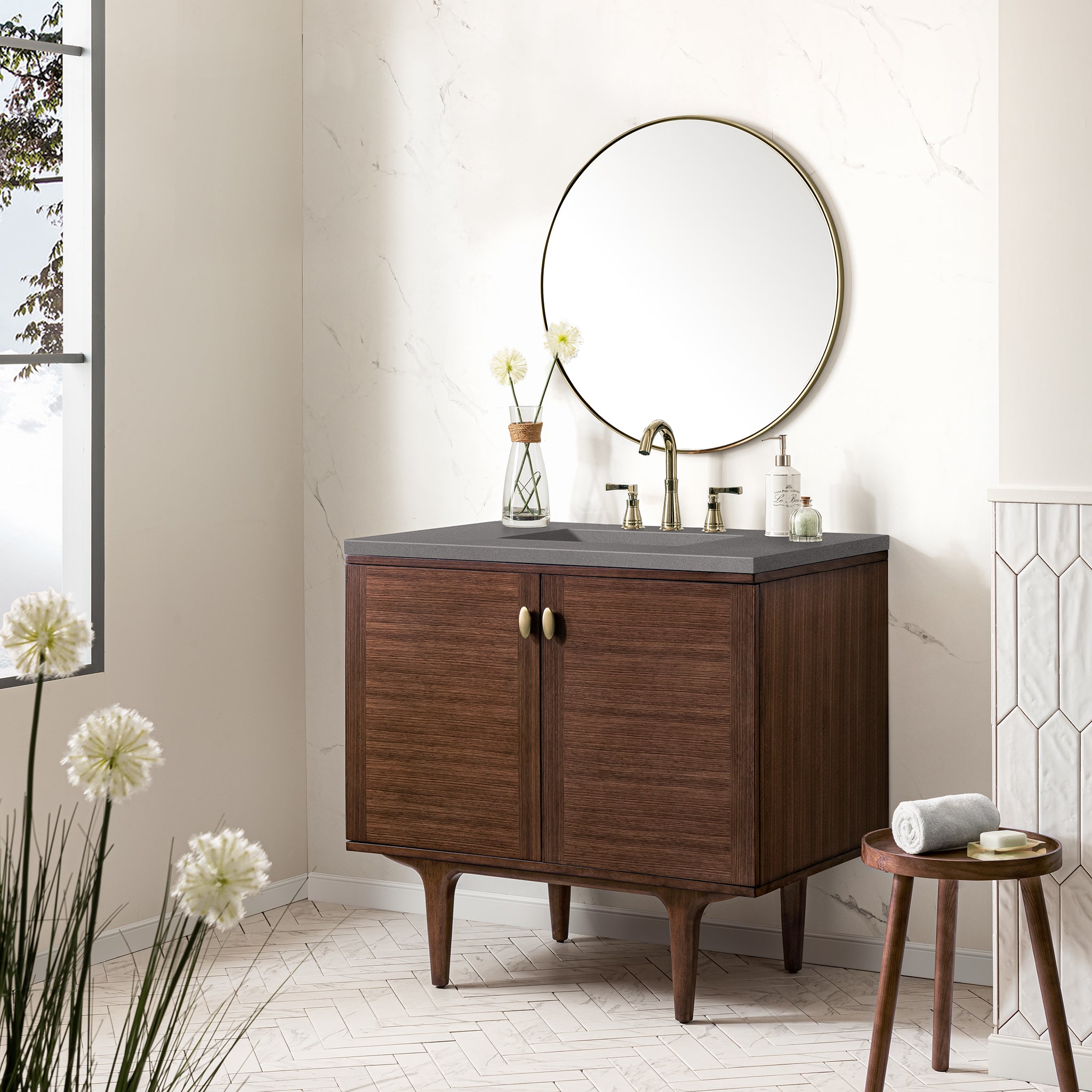 Amberly 36 Inch Single Bathroom Vanity - Mid Century Modern Walnut Wood with 3CM Gray Expo Top for Small Bathroom & Powder Room Remodel