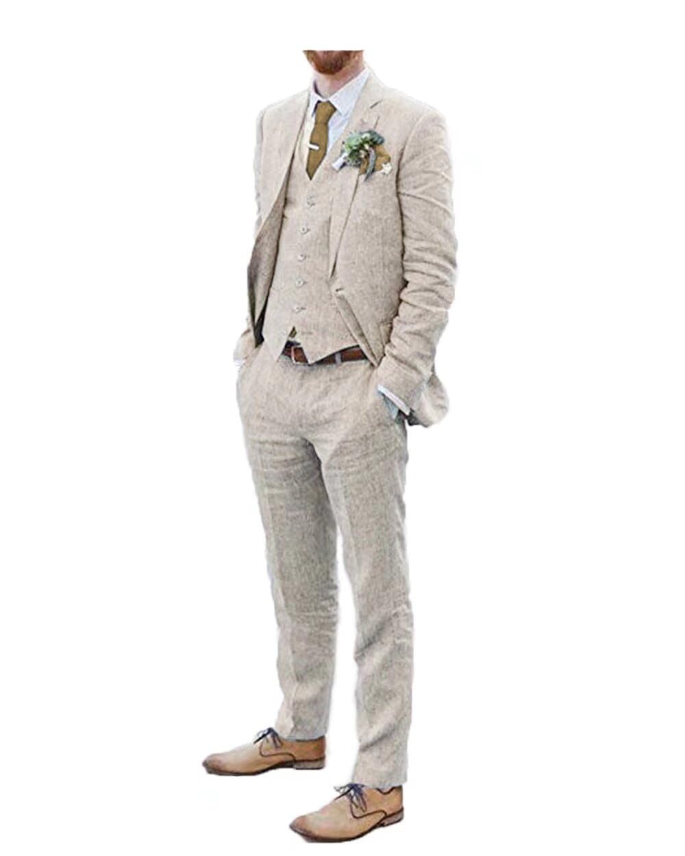 Men's Linen Suits 3-Piece Set - Breathable Beach Wedding Attire, Groomsmen Blazer Vest & Pants for Summer Prom & Formal Events | Perfect for Outdoor Ceremonies, Tropical Weddings & Vacation Wear