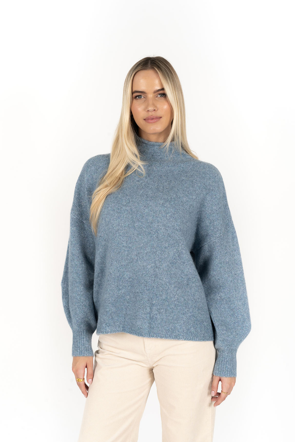 Chantae Blue High Neck Knit Jumper for Women - Soft Winter Sweater, Cozy Pullover, Casual Office Wear & Weekend Outfits