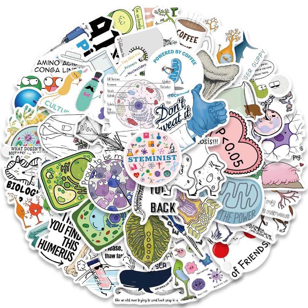 50Pcs Funny Biology Stickers for Adults & Kids - Waterproof Vinyl Science Stickers for Water Bottles, Laptops, Notebooks - Perfect for Teachers, Students, Classroom Decor & Science Enthusiasts - Great for School Projects, Lab Equipment & Science-Themed Gifts