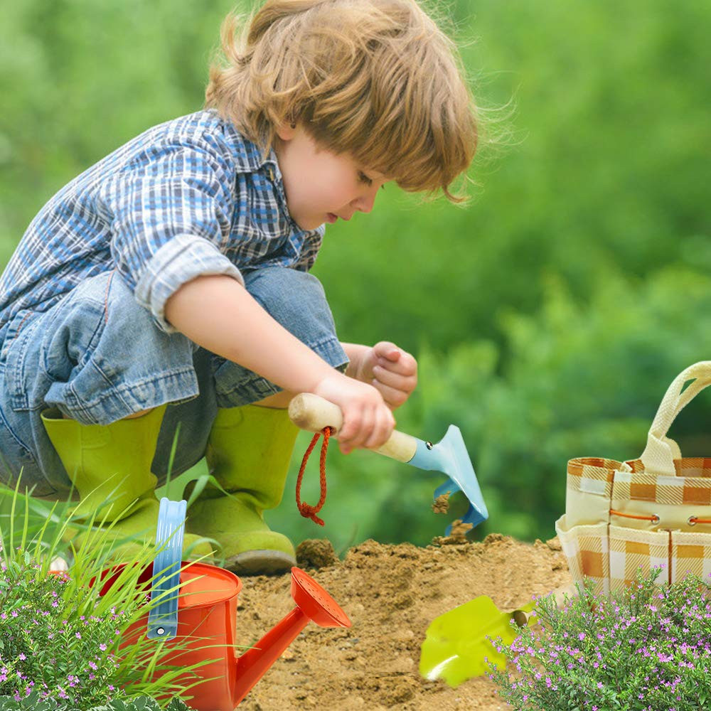 7 PCS Kids Gardening Tools Set with Tote Bag, Rake, Fork, Shovels, Apron, Gloves & Watering Can - Gardening Kit for Toddlers Ages 3-8 - Perfect Gift for Outdoor Play, Preschool Learning & Family Gardening Activities