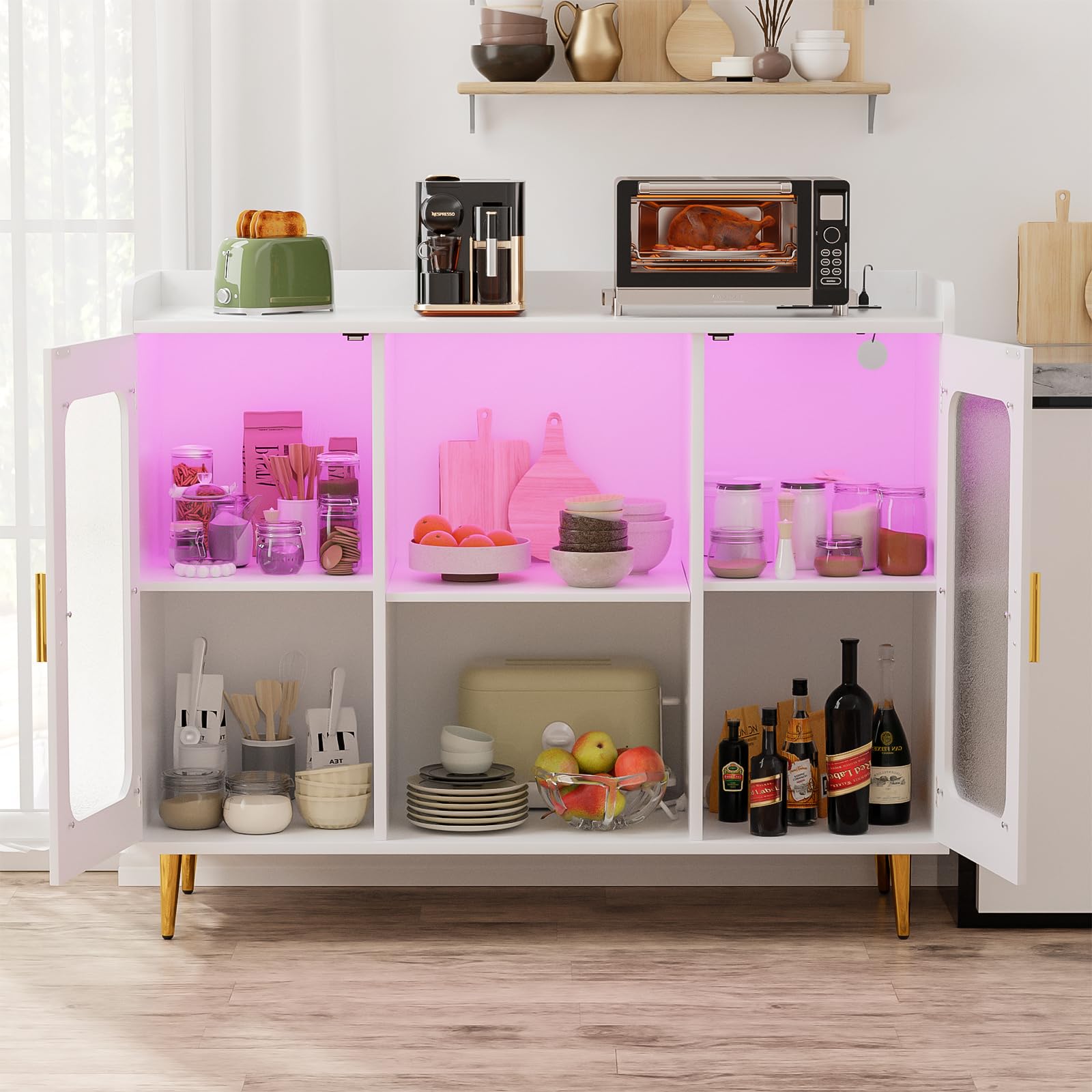 White Liquor Cabinet Bar with Power Outlet & LED Lights - Wine Storage Cabinet with Glass Rack, Home Coffee Bar, Kitchen Buffet Sideboard with Storage Shelf - Perfect for Dining Room, Home Bar Setup & Entertaining Guests