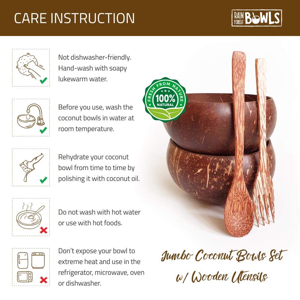 2 Eco-Friendly Handmade Coconut Bowls with 2 Wooden Forks - 100% Natural Organic Kitchen Set - Sustainable Reclaimed Coconut Shells - Perfect for Smoothie Bowls, Acai Bowls & Healthy Breakfasts