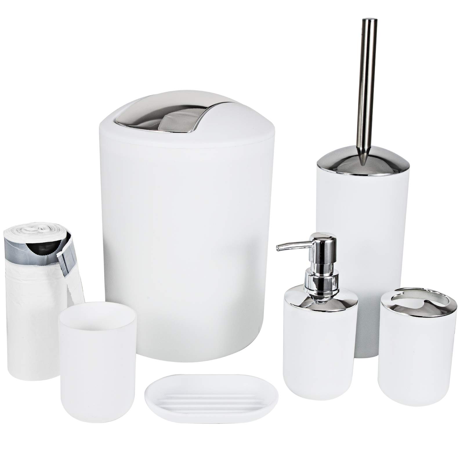 6-Piece Bathroom Accessories Set - Plastic Lotion Dispenser, Toothbrush Holder, Tumblers, Soap Dish, Trash Can & Toilet Brush with Drawstring Bags (White) - Perfect for Bathroom Organization & Home Decor